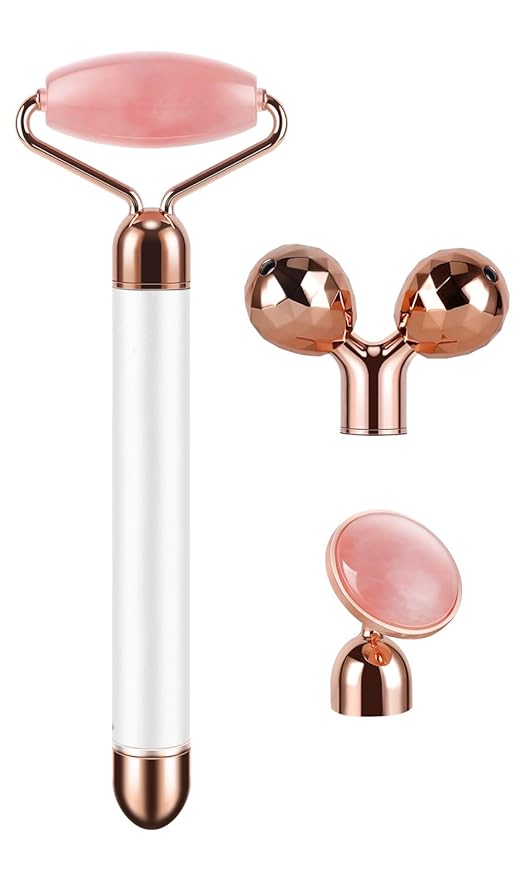 3-IN-1 Electric Jade Roller 3D Roller Facial Roller & Face Massager, Rose Quartz