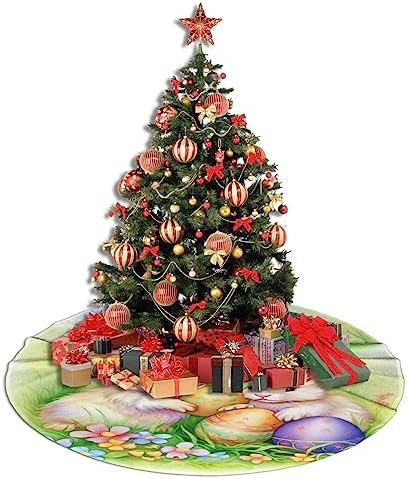 Easter Bunnies Eggs Christmas Tree Skirts 48", Xmas Tree Cloth Mats Trees Skirts for Decor Gift, Home Decoration