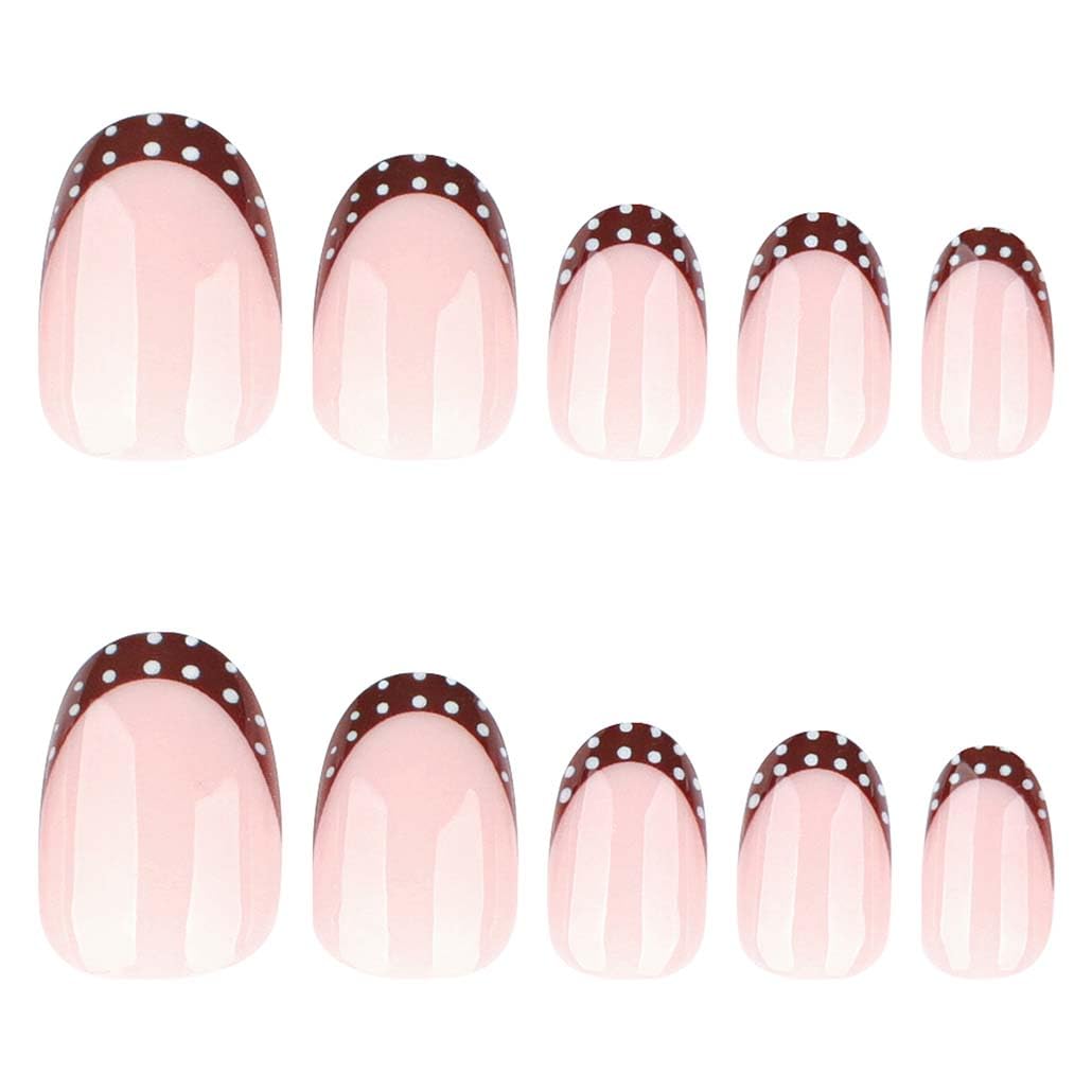 Foccna Extra Short Press on Nails Brown Almond Fake Nails Polka Dots, French Artificial Nails for Women 24pcs (French Polka Dots Nails)