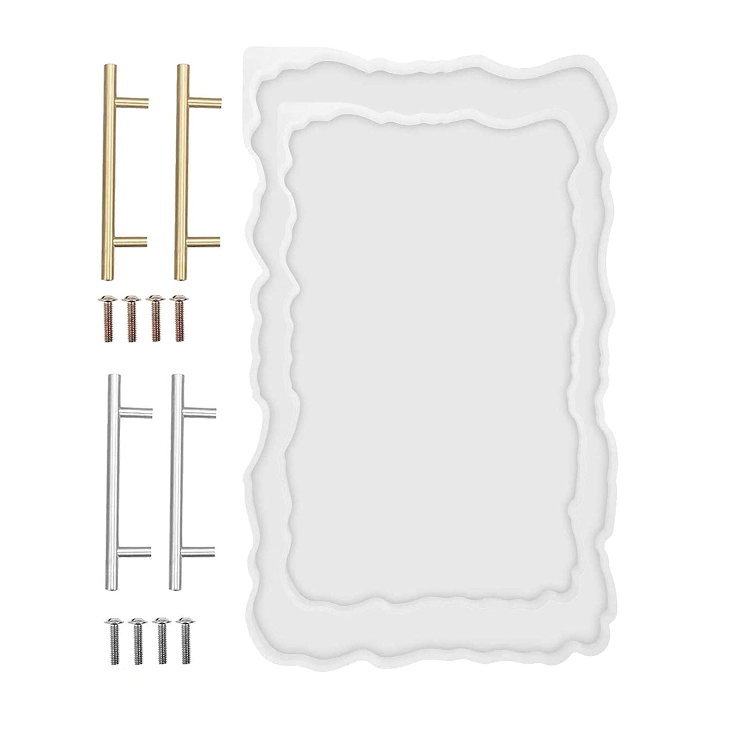 RESINWORLD 2 Size 14 inches XL Large Tray Silicone Molds Epoxy Resin Geode Tray Mold with Gold & Silver Handles DIY for Making Tray (Rectangle)