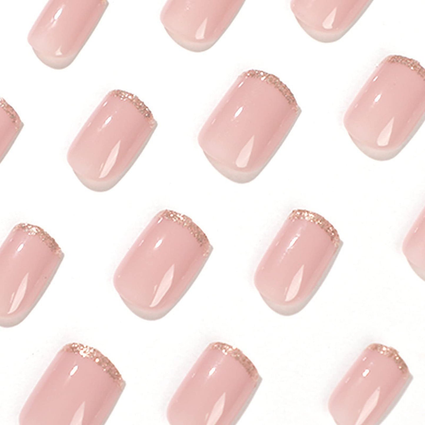 IMSOHOT Short Square Squoval Glossy Press on Nails, Nude Gold French Acrylic Nails for Women, 24PCS