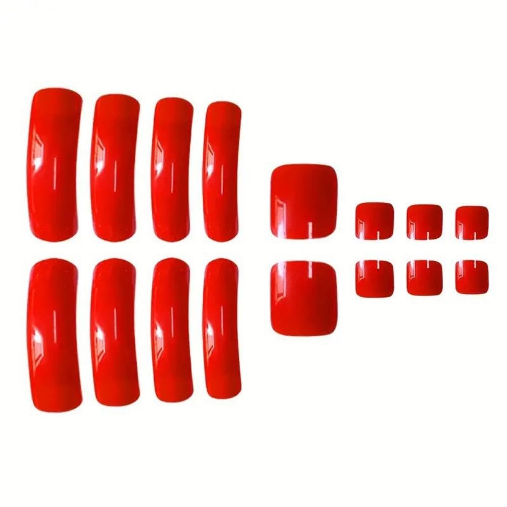 48Pcs Red Press on Nails Long Curved Fake Nails with Designs Glossy Solid Red Press on Toenails Short Square Summer Fake Toenails Reusable Full Cover Beach False Toenails for Women Girls Manicure