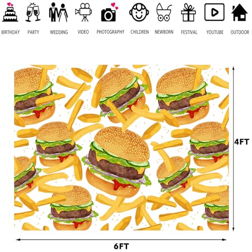 Hamburger French Fries Backdrop, 6x4ft, Fast Food Photograhy Background Birthday Party Supplies Burger Shop Decoration Banner Photo Booth Props - size: 6x4