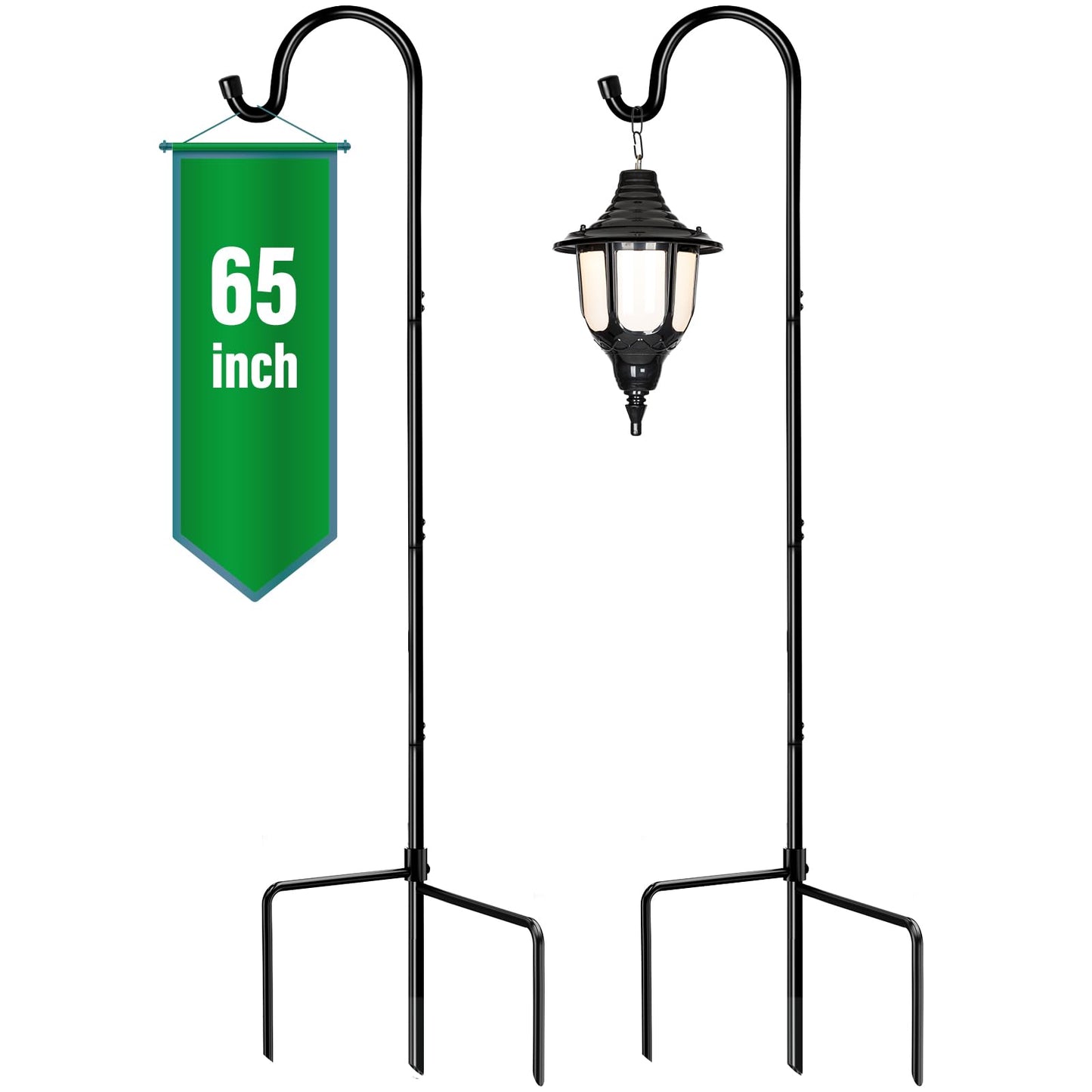 GOFORWILD Shepherd’s Hooks 2 Pack Black, 65 inches Tall, Adjustable Garden Hook for Outdoor, Hanging Plant, Solar Lights, Lanterns, Bird Feeders, Garden Stake and Wedding Decor, 7015