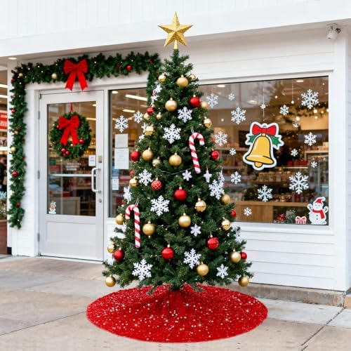 FUHSY Red Tree Skirts Christmas Sequined Tree Decorations 36 Inches Diameter Velvet Fabric Glitter Embroidered and Sequined Tree Cover Skirts Soft Shimmer Tree Mat for All Occasions
