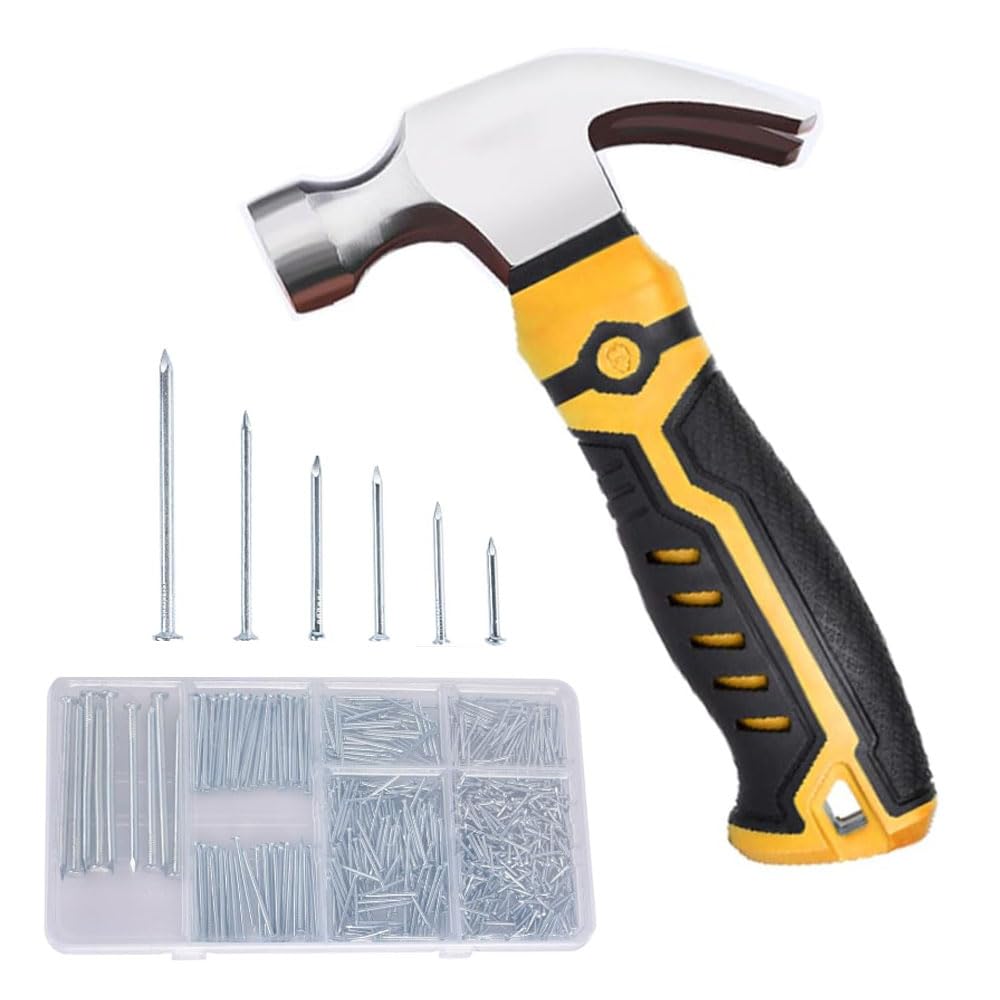 750pcs Nails Assortment Kit and 8oz Claw Hammer, Hammer With Hardware Nails Set for Home, DIY, Camping, Tent Stakes