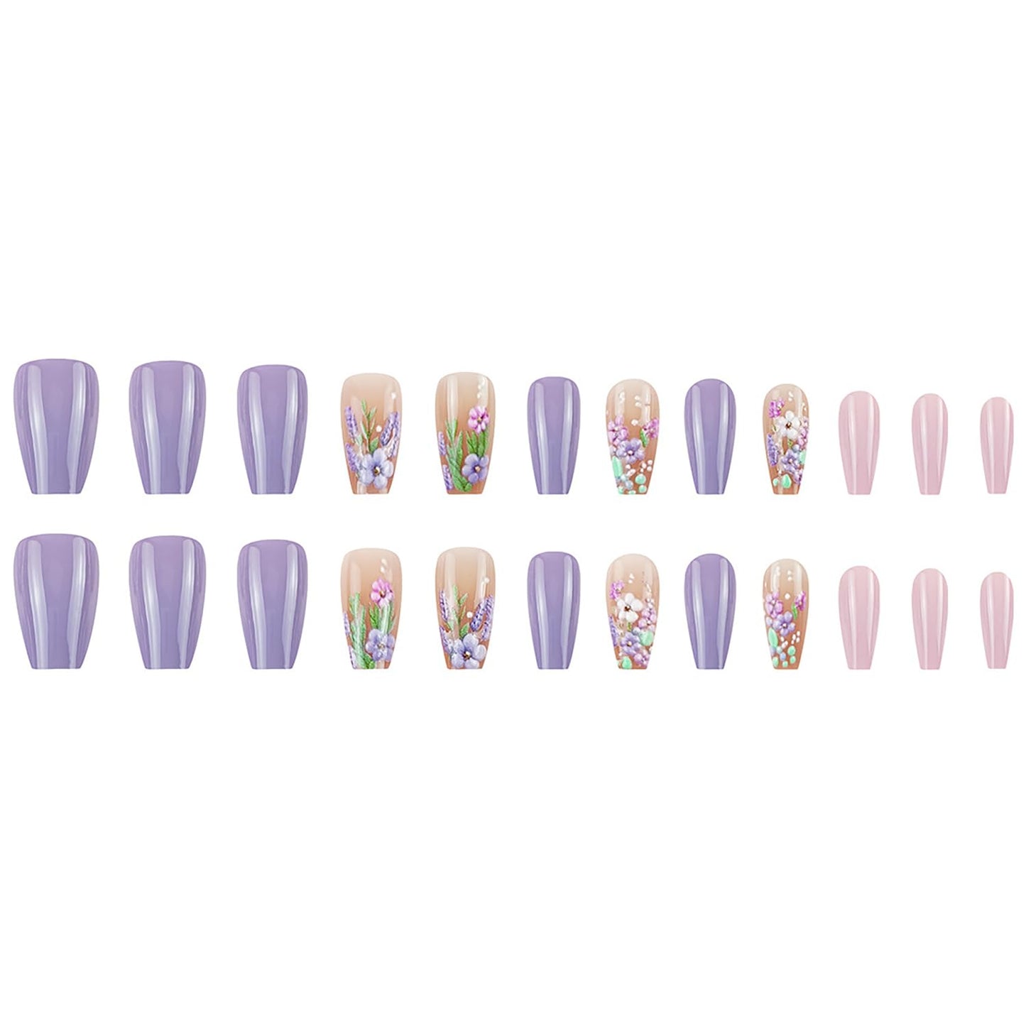 Flower French Tip Press on Nails Medium Coffin Fake Nails Glossy Purple Acrylic Press on Nails Lavender Floral False Nails Reusable Summer Artificial Nails Full Cover Stick on Nails for Women, 24Pcs