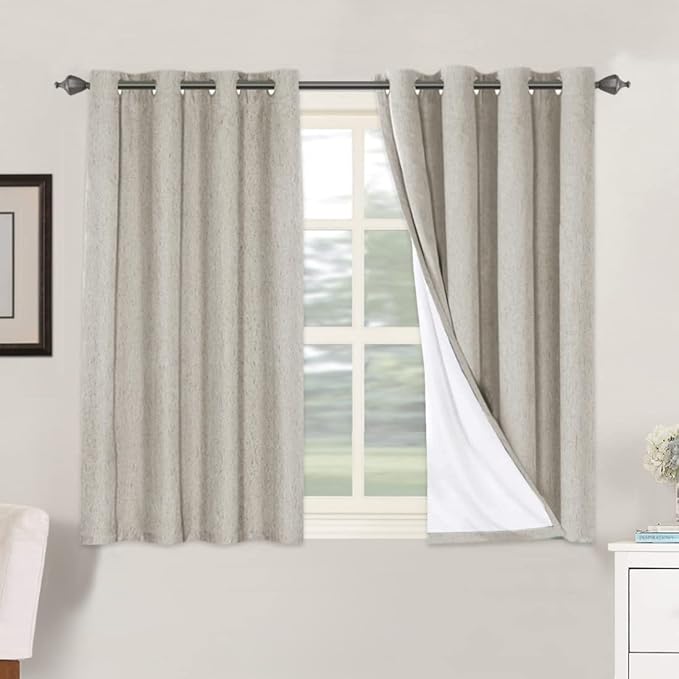 H.VERSAILTEX Linen Blackout Curtains 45 Inches Long 100% Absolutely Blackout Thermal Insulated Textured Linen Look Curtain Draperies Anti-Rust Grommet, Energy Saving with White Liner, 2 Panels, Stone