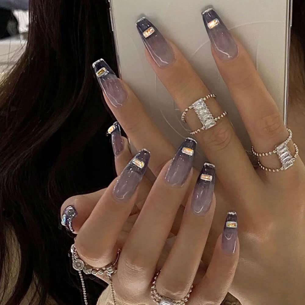 YoYoee Coffin Long False Nails French Black Press on Nails Acrylics Full Cover Gradient Fake Nails Tips for Women and Girls 24PCS