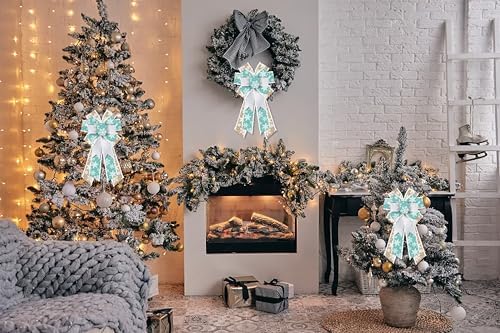 Hying Large Christmas Bows for Wreath, Christmas Wreath Bow Blue Natural Burlap Bow Xmas Snowflake Tree Bows Ornaments for Front Door New Year Christmas Party Decoration Supplies
