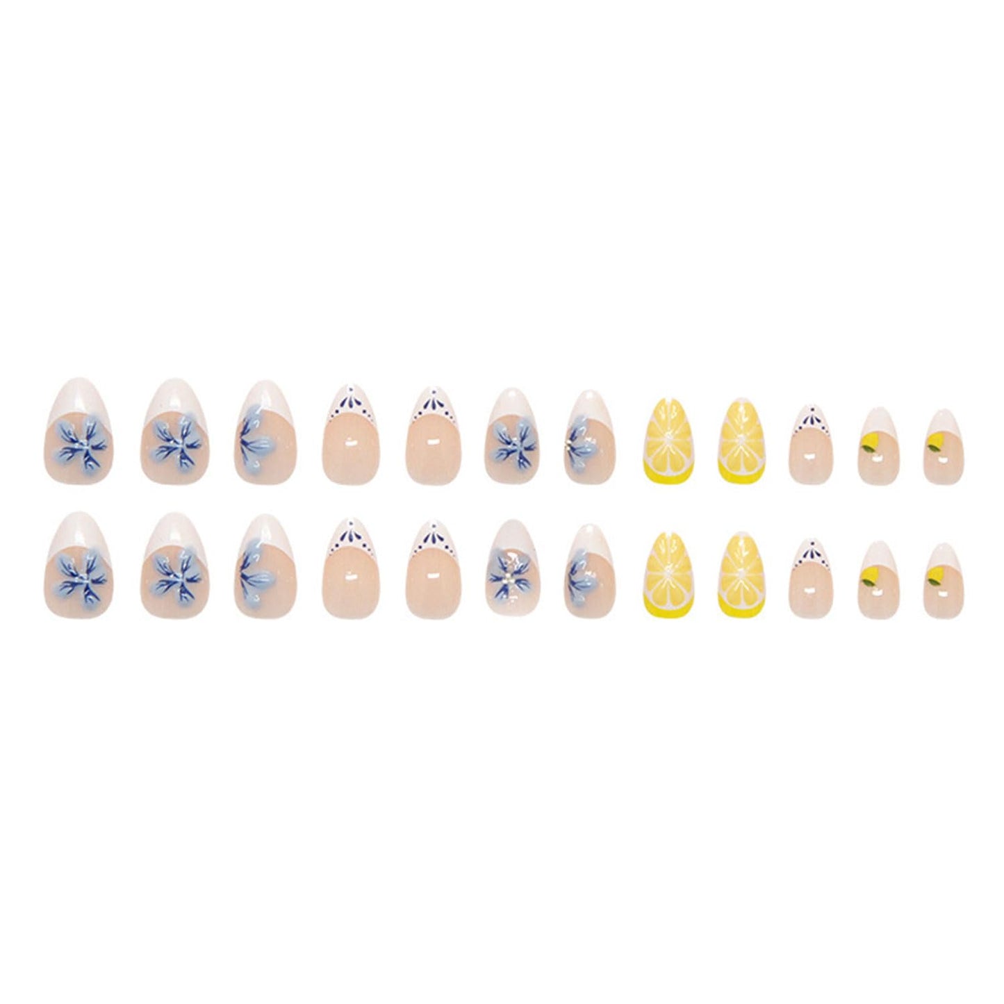 24 Pcs Almond Press on Nails Short Glossy Acrylic Fake Nails French False Nails with Cute 3D Fruit Flowers Design Nail Press ons Reusable Stick on Nails for Women