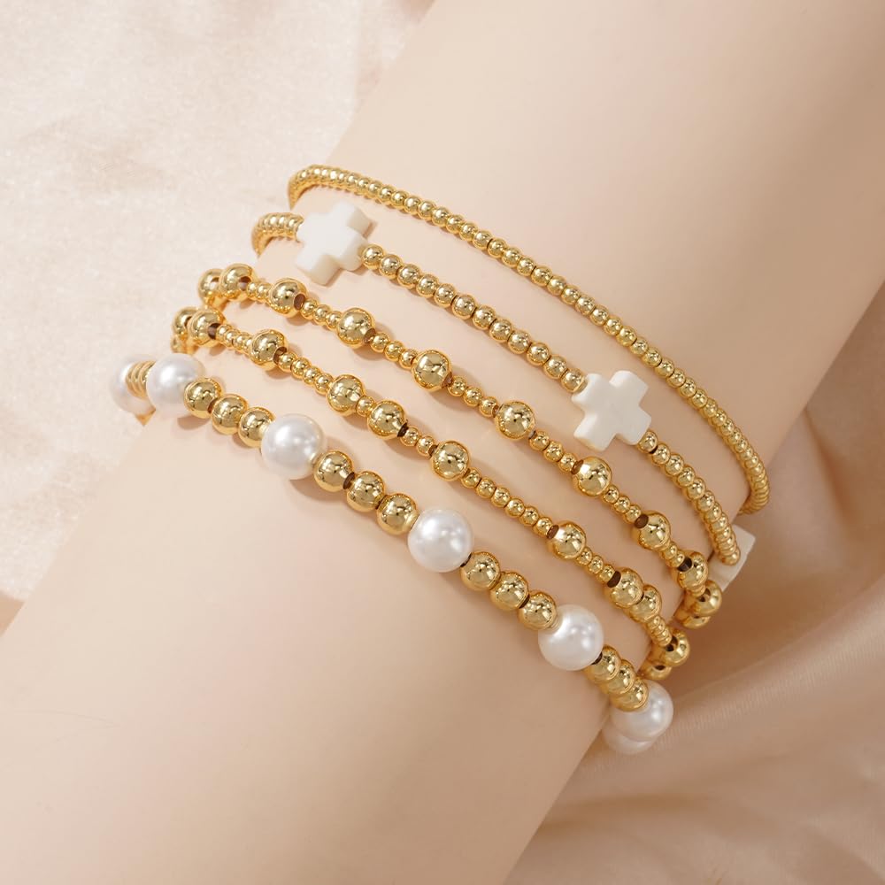 Bohxantium Gold Pearl Beaded Cross Bracelets Stack for Women Handmade Stackable Stretch Boho 14K Gold Plated Beads Ball Bracelets Set Trendy Jewelry Summer Birthday Prom Friendship Christian Gift