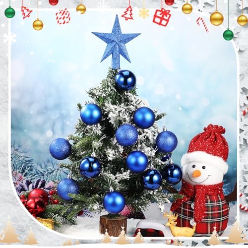 RoundFunny 25 Pcs Mini Christmas Balls Ornaments Set 2.36 Inch Christmas Day Ball Topper Star Tree Hanging Ornaments for Party Decoration(Blue)