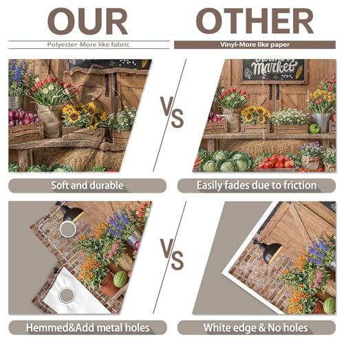 10x8ft Fabric Farmers Market Backdrop Fresh Vegetables Flowers Wooden Barn Spring Photography Background Baby Shower Birthday Party Decorations Photo Banner Props - size: 10'x8'
