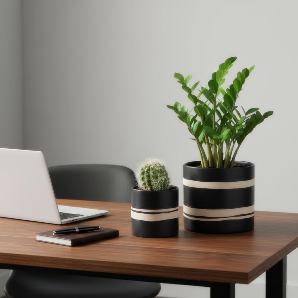 Nihow Modern Ceramic Plant Pot - 5 + 7 Inch Flower Pot for All Indoor Plants - Sturdy Planter Pots with Drainage Hole & Rubber Plugs - Semi-Matte Black & Nature - Plants Not Included