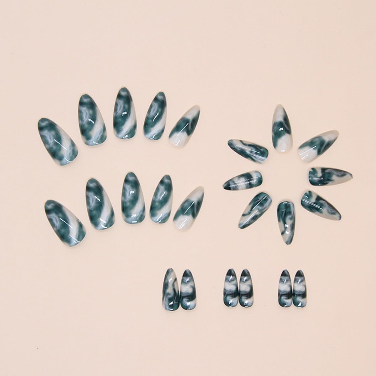 CTTHNBD Press On Almond Medium Green False Nails with Gradient Marble Design - Glossy Acrylic Full Cover Glue on Nails - 24 Pcs