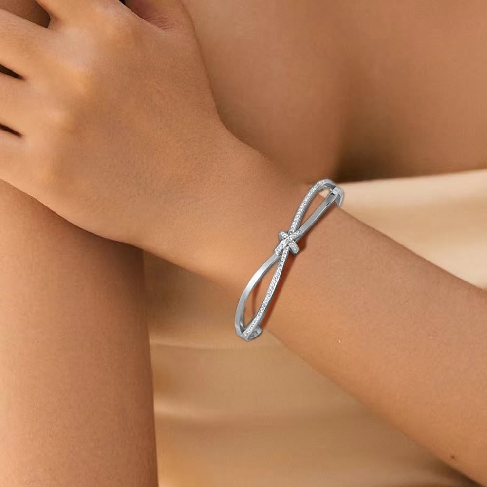 Bow Bangle Bracelet for Women Personalized Cubic Zirconia Stainless Steel Cross Bracelets Oval Butterfly Knot Bangles Bracelets Gifts for Love, Small