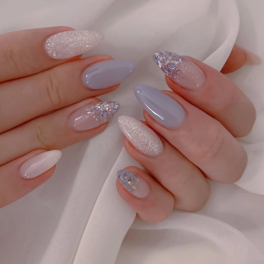 Hrnsnails Nails Press on, Almond Press On Nails Fake Nails Medium Length with Glitter Sequins Elegant Temperament Design, Acrylic Artificial False Nails Press Ons Stick On Nails for Women