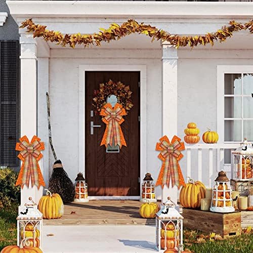 Large Fall Bows for Wreath, Thanksgiving Pumpkin Wreath Orange Buffalo Plaid for Front Door, Farmhouse Ornament Burlap Tree Topper for Fall Indoor Outdoor Decoration