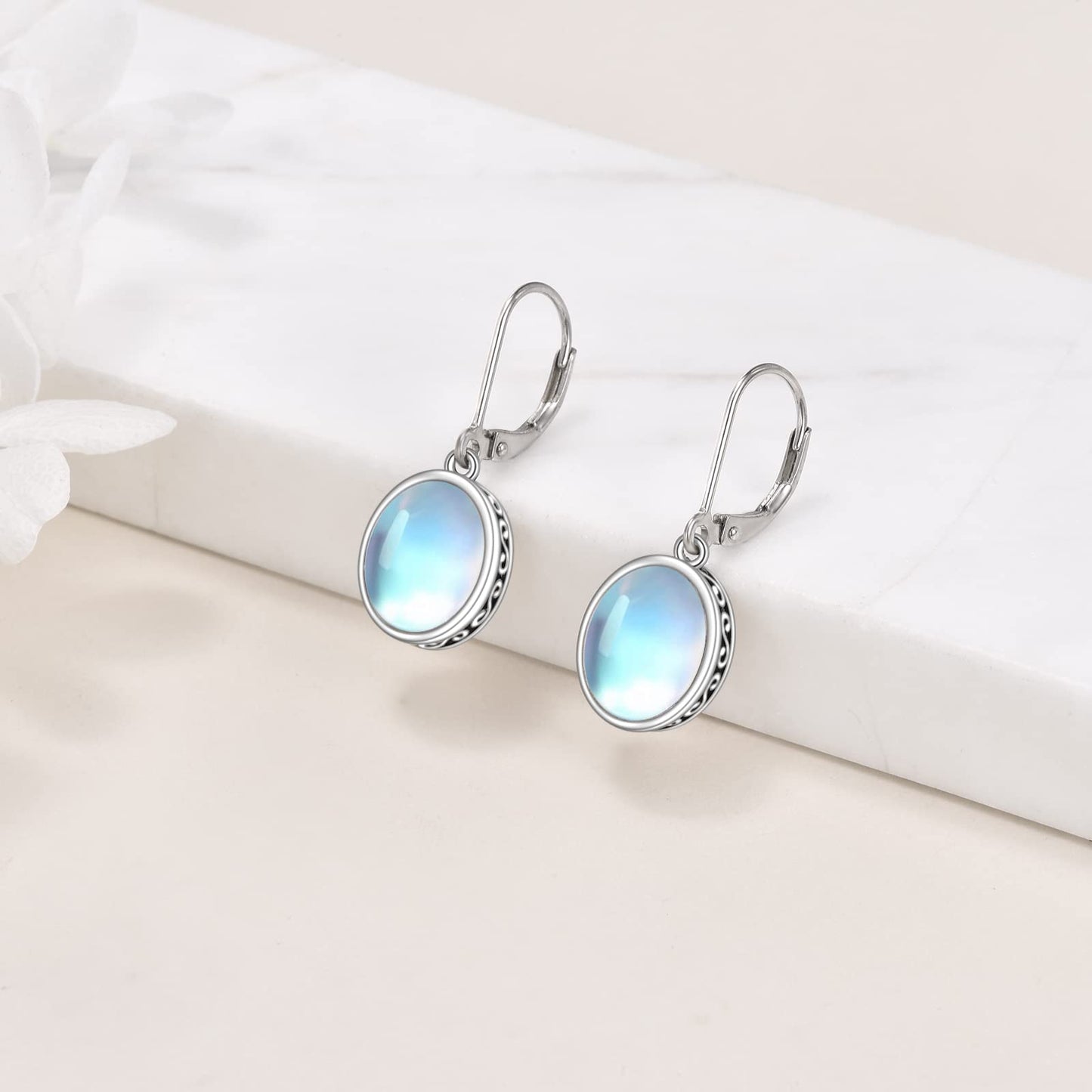 POPLYKE Celtic Moonstone Filigree Teardrop Drop Dangle Earrings Sterling Silver Leverback Earrings Jewelry (D-Vintage Moonstone)