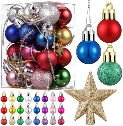 RoundFunny 25 Pcs Mini Christmas Balls Ornaments Set 0.79 Inch Christmas Day Ball Topper Star Tree Hanging Ornaments for Party Decoration(Bright Colors)