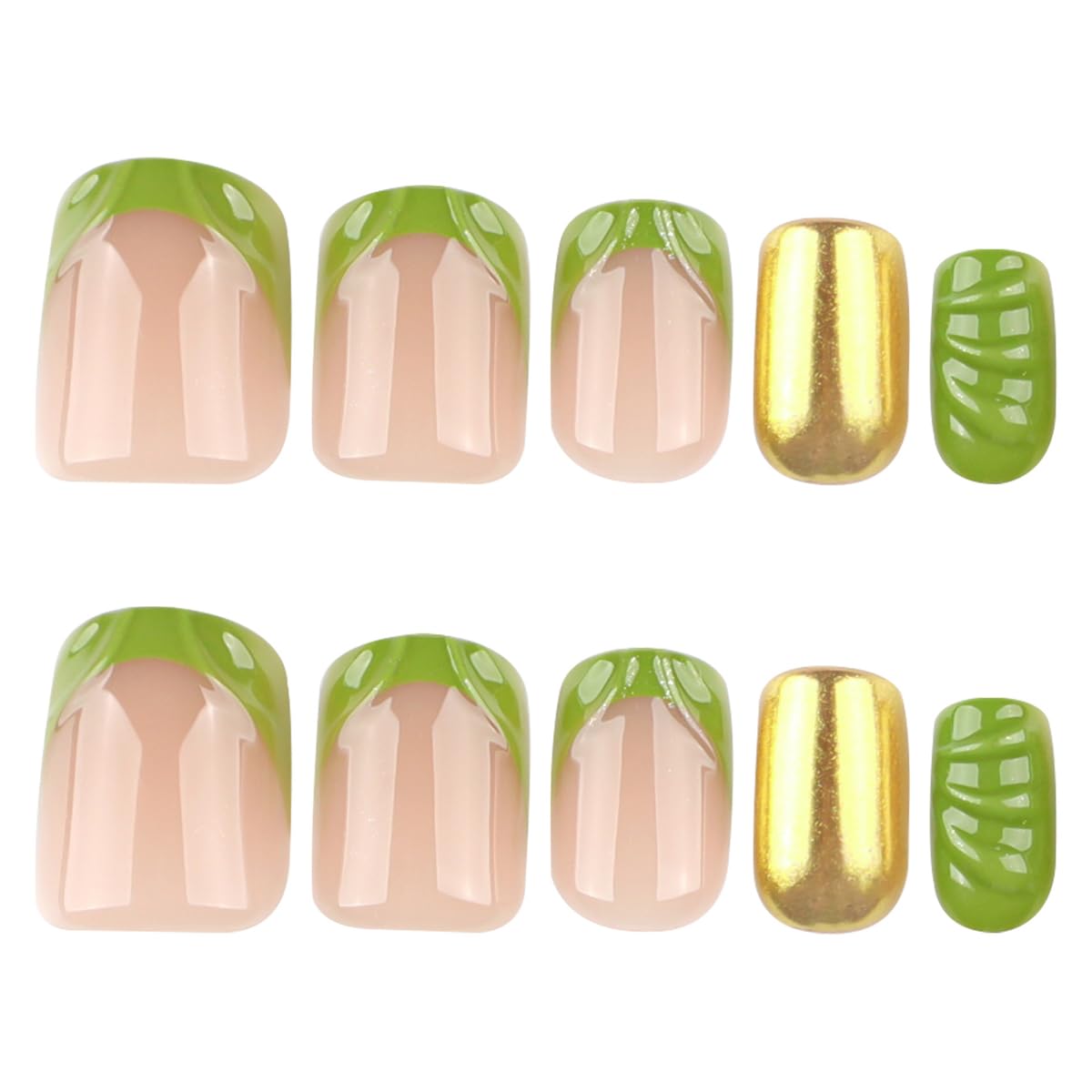 Lime Green Chrome Press on Nails Short Square Fake Nails Spring Summer Nail Press ons with Design Green French Full Cover Stick on Nails for Women Manicure,Reusable | Glue Tabs | Easy Apply | 24Pcs
