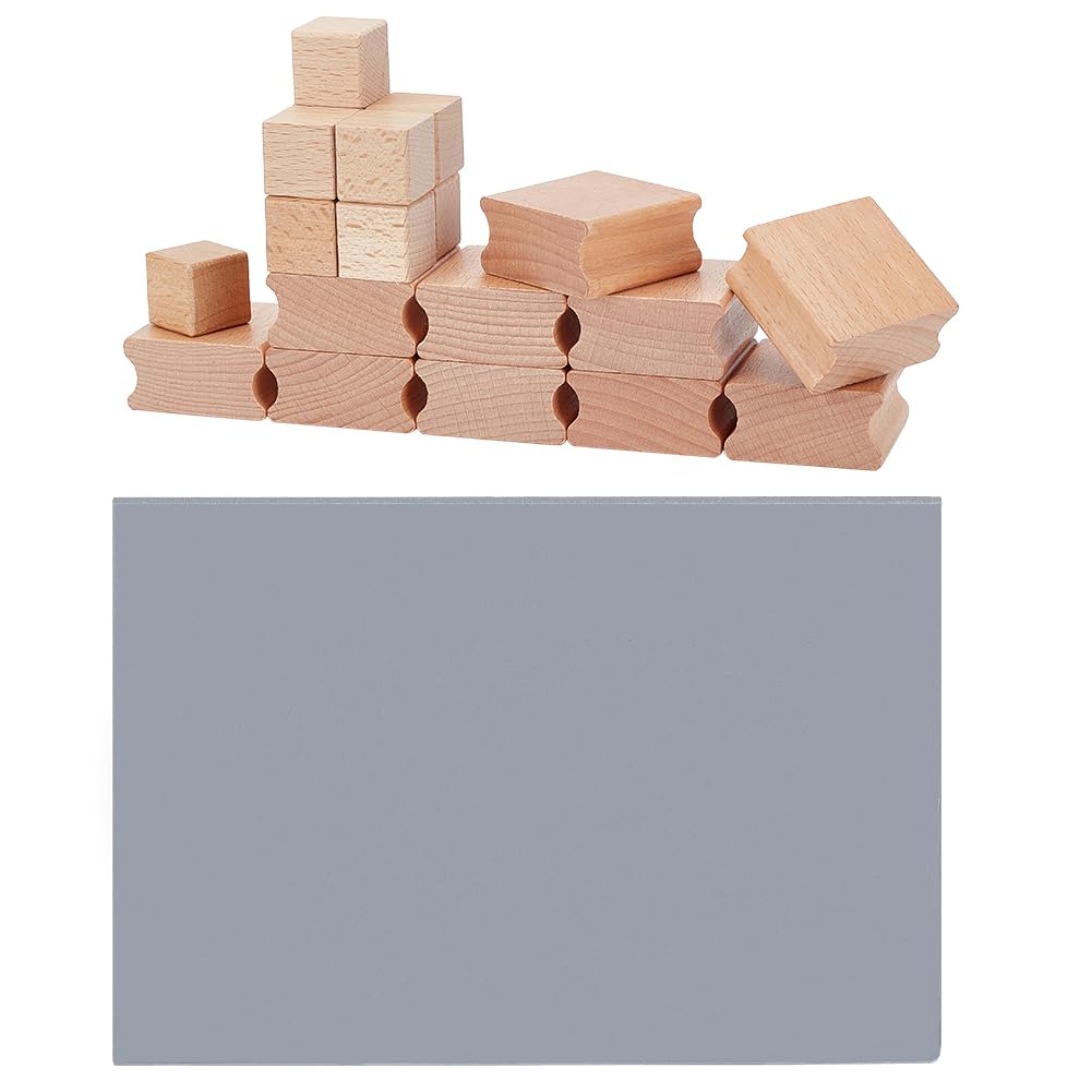 BENECREAT 20Pcs Rubber Stamp Set Blank Hard Wood Stamp Mounts with Grey Rubber Stamp Sheet 2 Sizes Laser Engraving Stamp Block Accessories for Crafts DIY Stamp Making, (0.8in/1.6in)