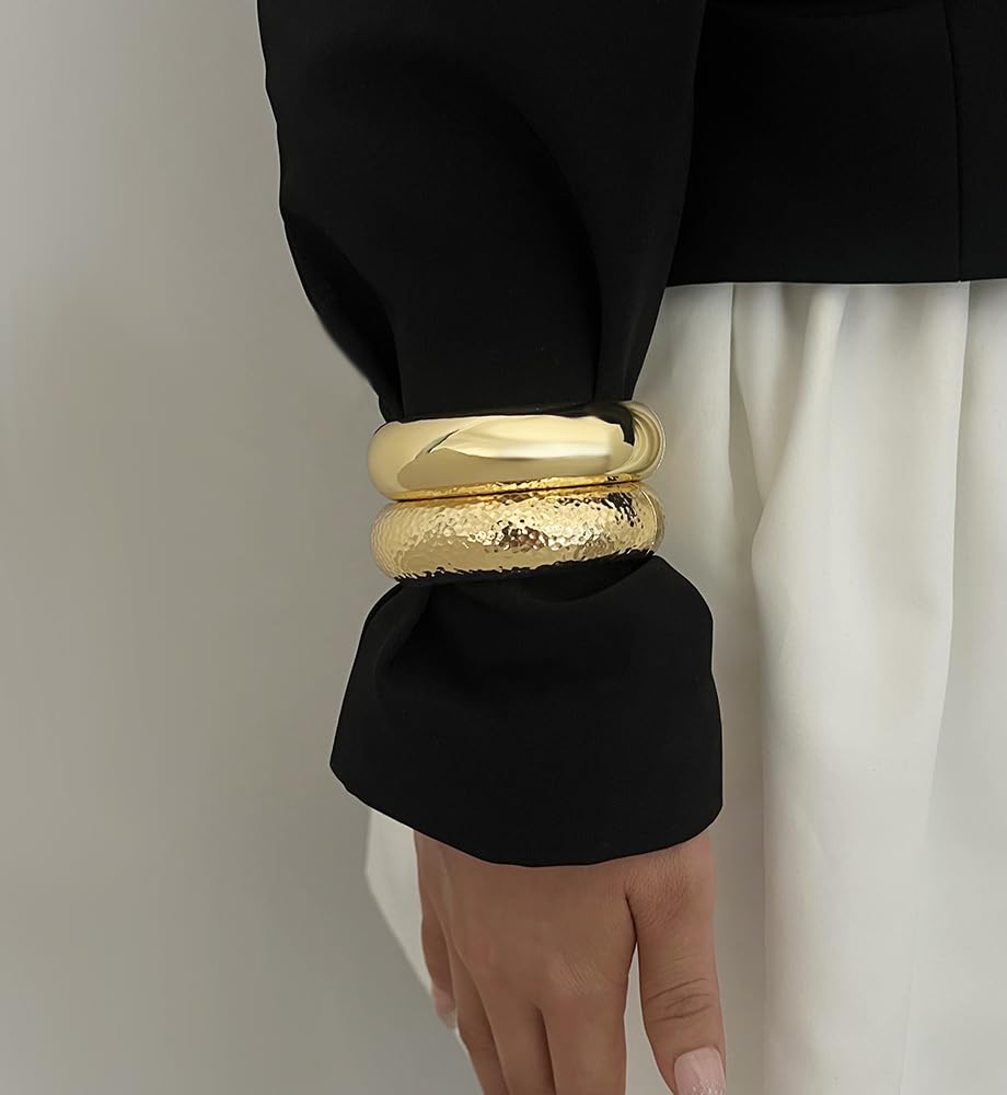 Chunky Gold Bangle Bracelets for Women, Dainty 14k Gold Plated Big Stackable Bangles Set, Trendy Statement Cuff Bracelet Stack Fashion Jewelry Gifts (2 Chunky bangles)
