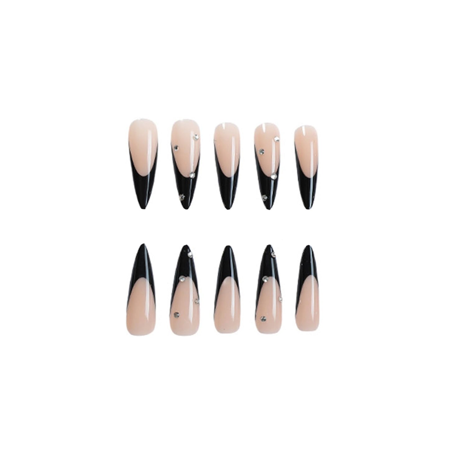 SINHOT Stiletto Press on Nails - Long Fake Nails, Glossy Finish, 3D Rhinestones & Black French Tip, DIY Artificial False Nail Art - 24 Pcs Nail Kit with Glue