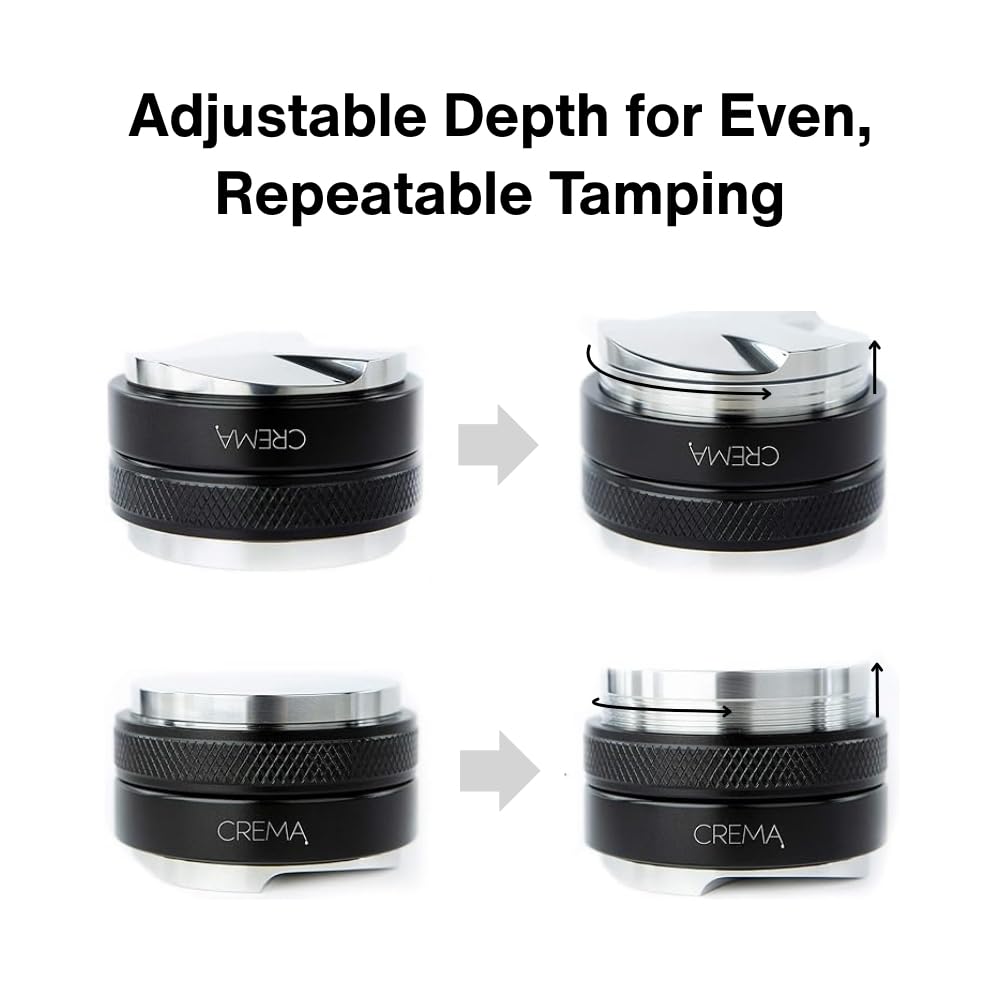CREMA Coffee Products 53.3mm Hand Tamper & Coffee Distributor | Compatible with Breville Portafilters | Double-Sided, Adjustable Depth Tool | Made with Durable 304 Stainless Steel | Silver