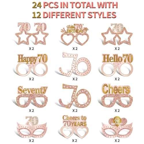 Guiruiy 24PCS 70th Birthday Paper Eyeglasses Decorations for Women, Pink Rose Gold Happy 70th Birthday Eyeglasses Party Supplies, Funny Seventy Year Old Birthday Glasses Decor - style: Rose Gold 70th