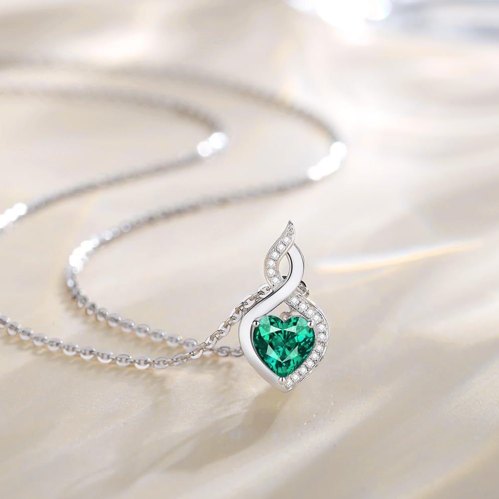 FANCIME Emerald Necklace 14K Solid White Gold Heart Pendant with Diamond May Birthstone Necklace Jewelry Gifts for Mom Women