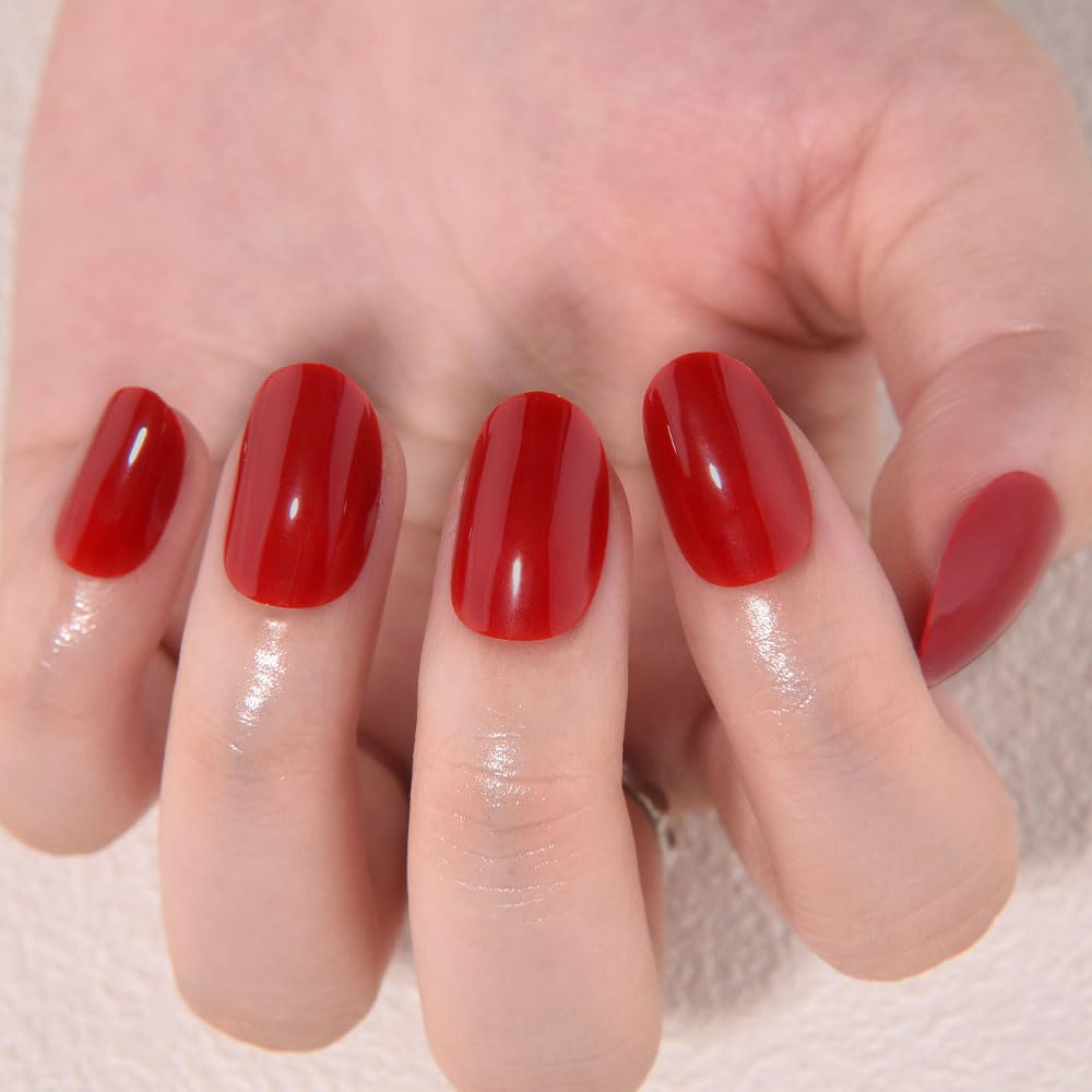 evpct Red Medium Oval Glossy Press on Nails for Women Gift, Glossy Red Fake Nail with Nail Kit Manicure Kits, Soft Gel Full Cover Reusable Stick on Soft Acrylic False Nail Perfectly Fit