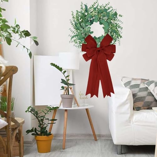 Meseey Double Pack 20X10 Inch Oversized Burgundy Burlap Bows Farmhouse Christmas Tree Topper & All-Weather Wreaths Decor, Heavy Duty Gift Wrapping Accents for Front Door/Cabinet (Burgundy)