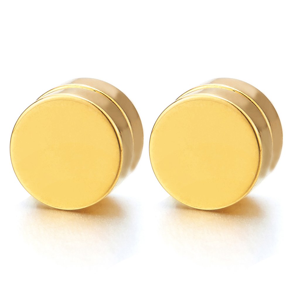 Men Women 8MM Gold Color Magnetic Circle Stud Earrings, Non-Piercing Clip On Cheater Fake Ear Gauges