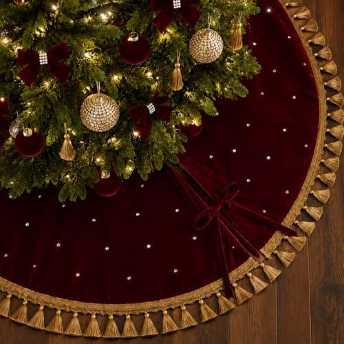 Roowest 55 Inch Burgundy Christmas Tree Skirt Velvet, Round
