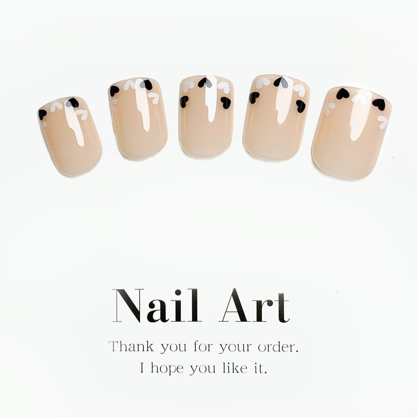 Short Square French Tip Fake Nails with Heart Love Design - Cute Nude Nature Squoval False Glossy Glue on Nails 24 Pcs