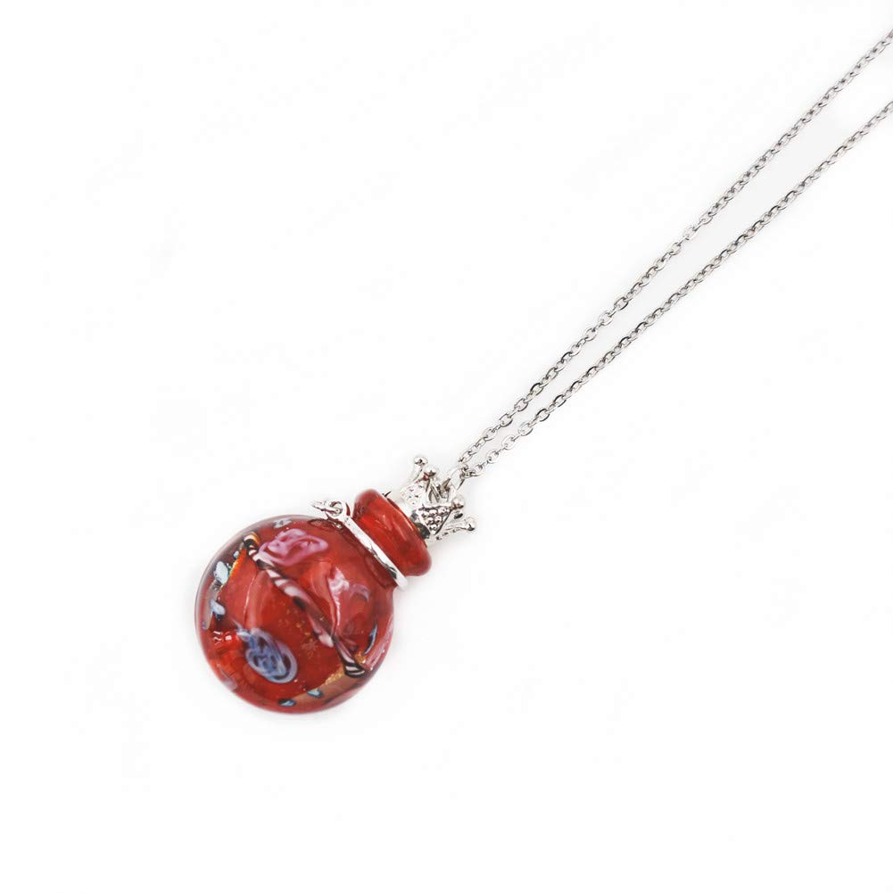 Stainless Steel Colored Glass Pendant Necklace Diffuser Perfume Pendant Aromatherapy Charms (Red)