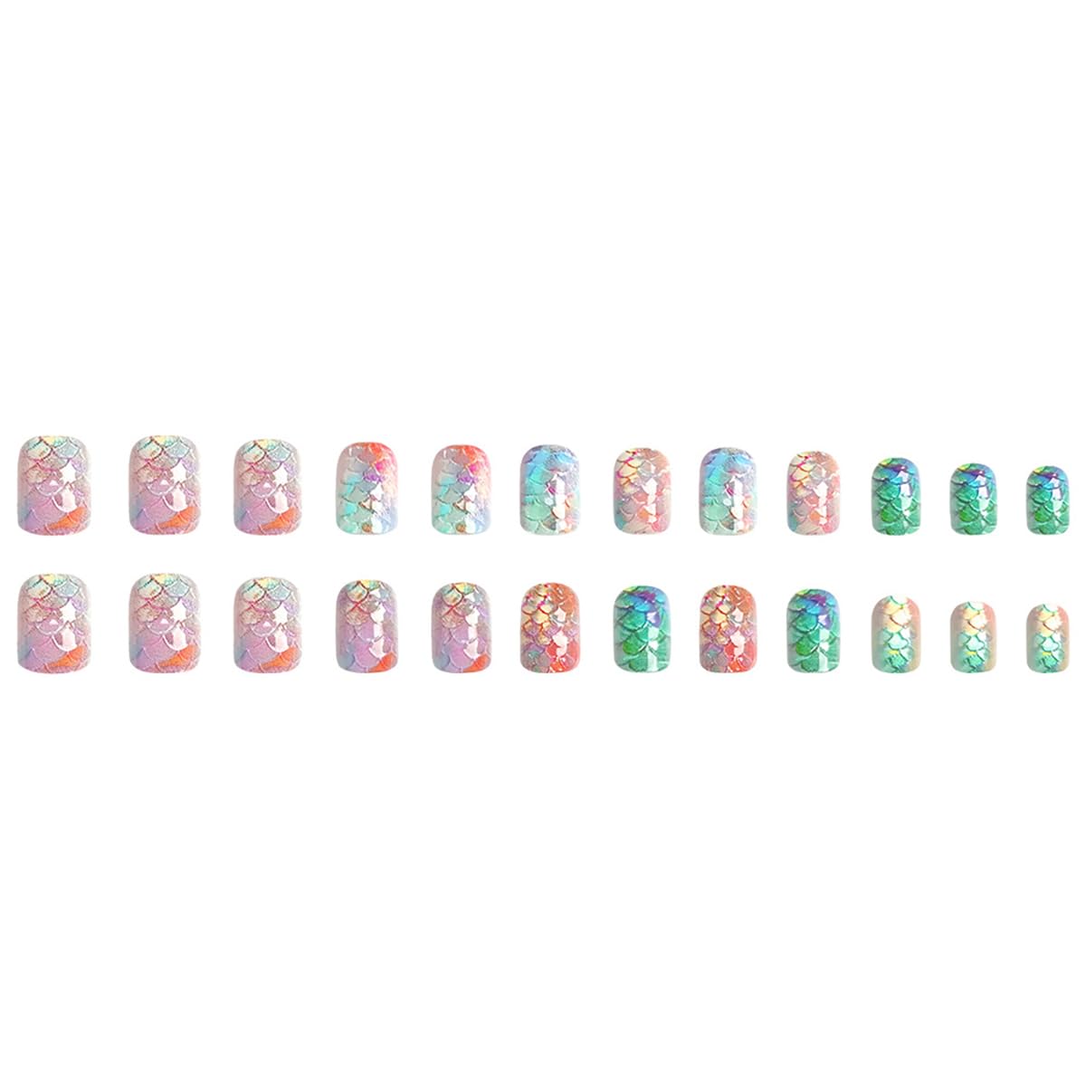 24Pcs Summer Press on Nails Short Square Fake Nails Glitter Mermaid Full Cover False Nails 3D Fish Scale Iridescence Design Beach Glue on Nails Cute Acrylic Nails Glossy Ocean Stick on Nails for Women