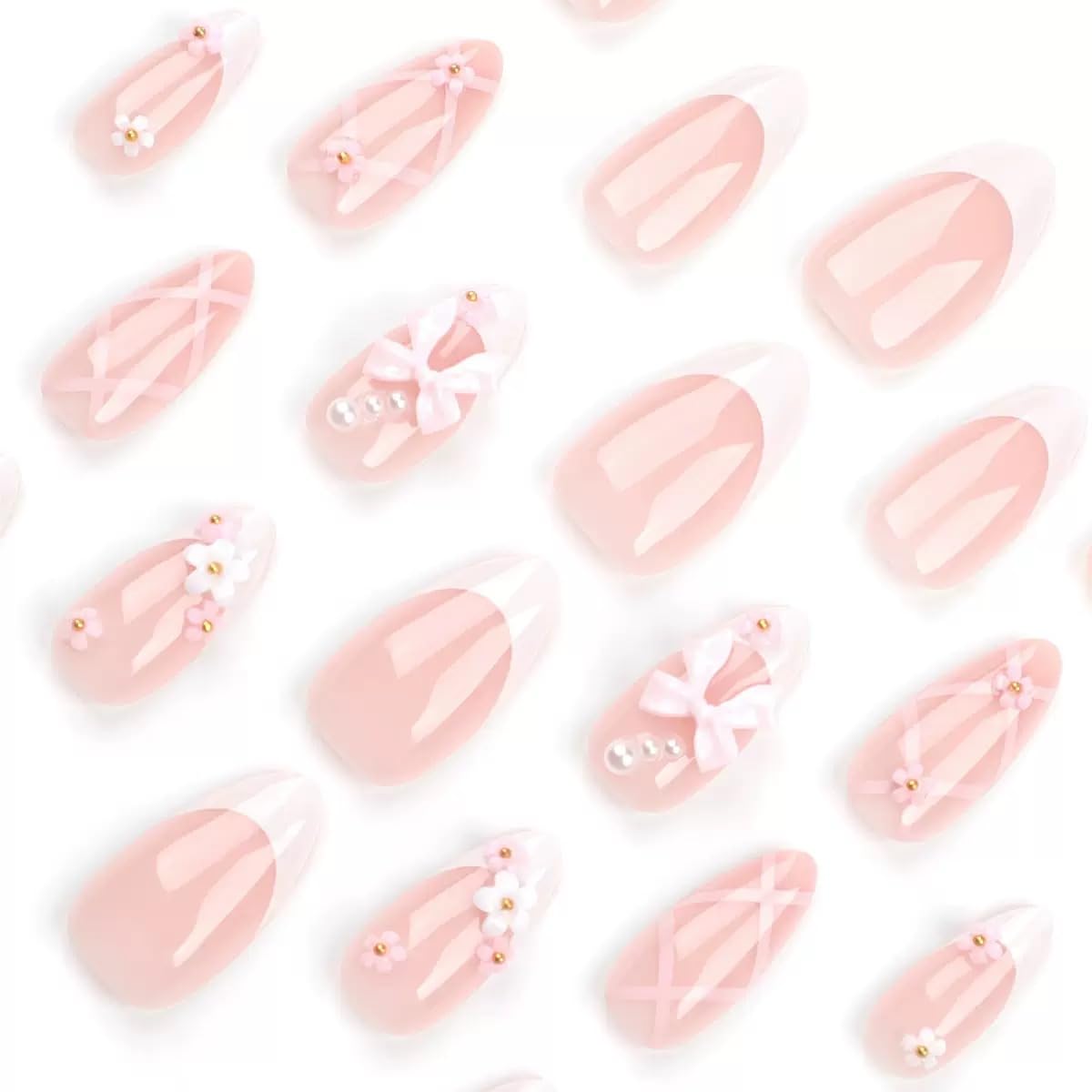 Almond Press on Nails Medium - White French Tip Fake Nails with Flower Bow Charms Design - Cute False Nails for Women 24 Pcs