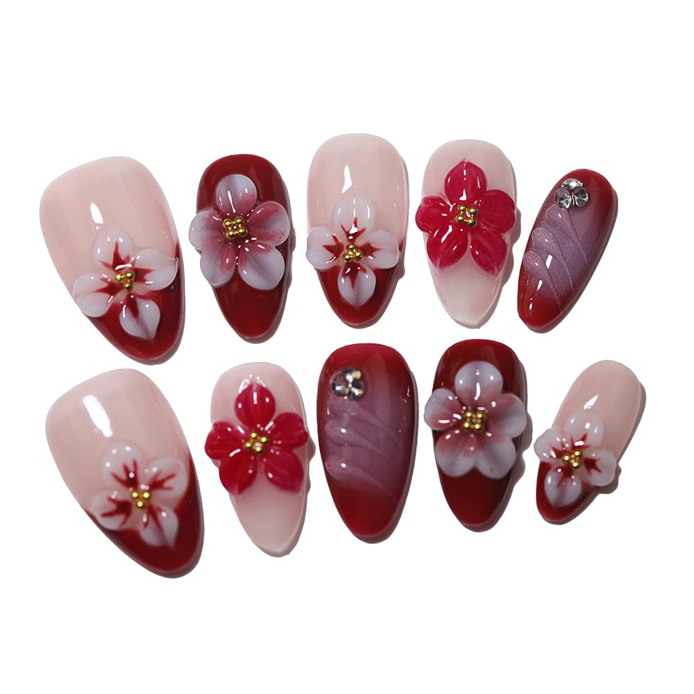 10 short Almond Handmade Press On Nails | 3D Floral Red & Nude Romantic Cherry Blossom Design with Rhinestones,New styles | Skip Salon Trips, Easy to Apply & Remove, Reusable (251108, S)