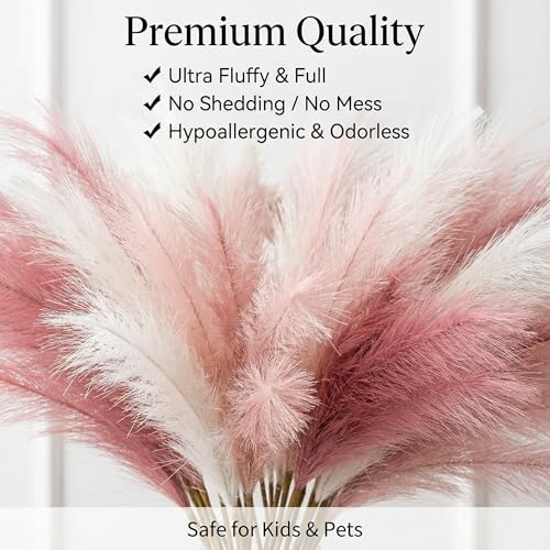 Pampas Grass Decor 30pcs 21.7 Inch, Faux Pampas Grass (White/Pink/Rose Red), Artificial Dried Flowers Look, Fluffy No Shedding for Boho Wedding Home Bedroom Vase Filler - size: Pink White Rose