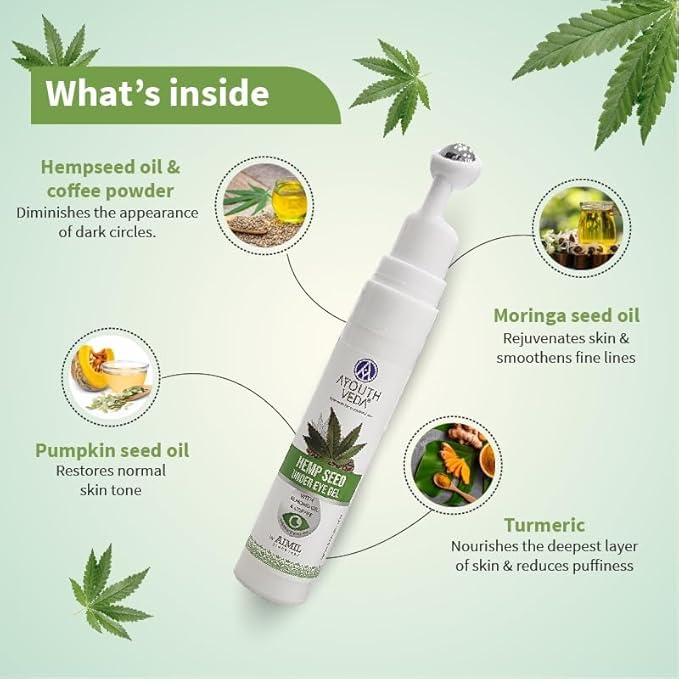Hemp Seed Under Eye Gel with Cooling Massage Roller|For Puffy Eyes, Dark Circles, Wrinkles & Fine Lines|With Hemp Seed Oil, Almond oil & Coffee| (Pack of 1;15ml)