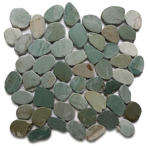 CNK Tile Sea Green XL Jumbo Sliced Pebble Tile - 12" x 12" Polished Natural Stone for Shower Floors Bathroom Backsplashes Patios Fireplaces - Durable Weather-Resistant Easy Installation - Pack of 1