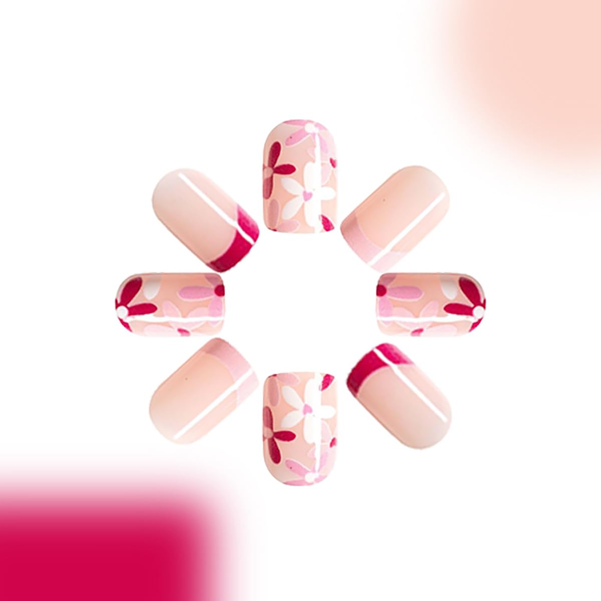 Pink French Tip Press on Nails Short Square Fake Nails with Glue Nude Acrylic Nails Stick on Nails Spring Flowers False Nails for Women and Girls Reusable Nails Kits 24pcs