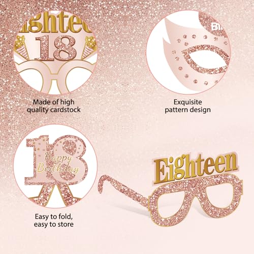 Guiruiy 24PCS 18th Birthday Eyeglasses Decorations for Girls, Pink Rose Gold Happy 18th Birthday Paper Eyeglasses Party Supplies, Eighteen Year Old Bday Glasses Decor - style: Rose Gold 18th