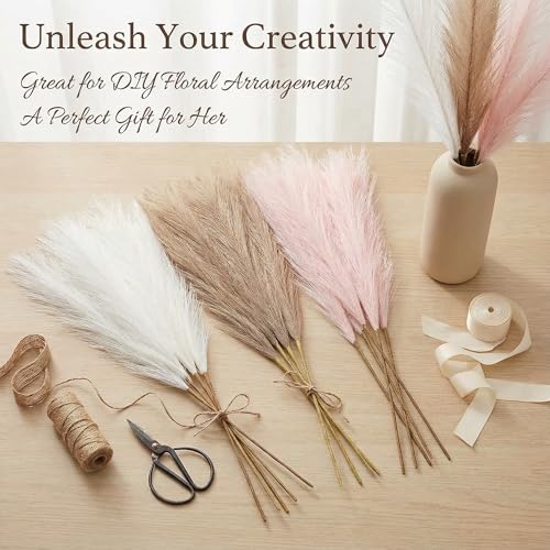 Pampas Grass Decor 30pcs 21.7 Inch, Faux Pampas Grass White Pink Brown Artificial Dried Flowers Fluffy No Shedding for Boho Wedding Home Bedroom Vase Filler - size: White Pink Brown