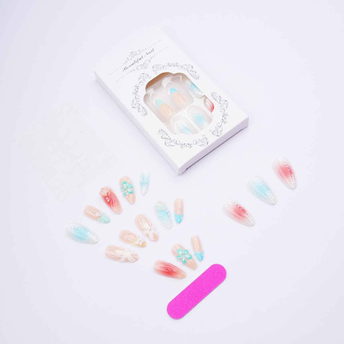 24Pcs Summer Press on Nails Medium Almond Fake Nails French Tip False Nails with Flower Butterfly Design Glossy Blue Gradient Acrylic Nails Beach Stick on Nails 3D Water Ripple Glue on Nails for Women