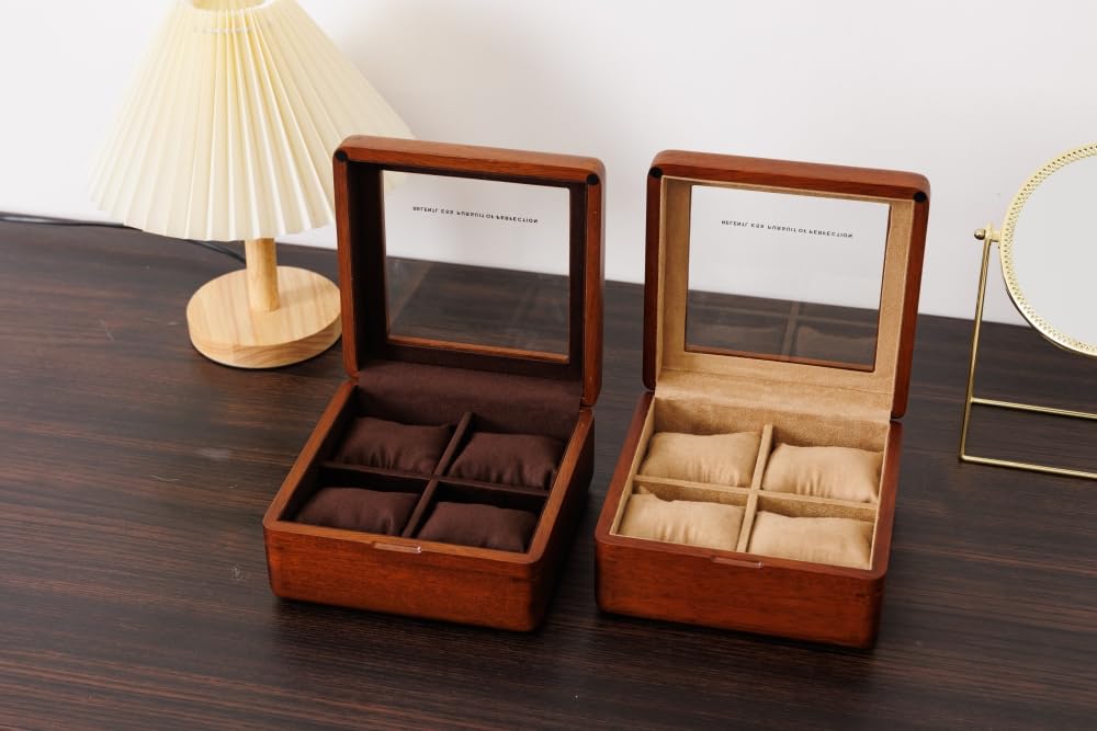 LIBOLXSP Watch Box, Watch Case for Men Women with Large Glass Lid, Wooden Watch Display Storage Box with 4 Slots, Solid Wood Walnut Mens Watch Box Organizer Velvet Lining for Father‘s Day Gift