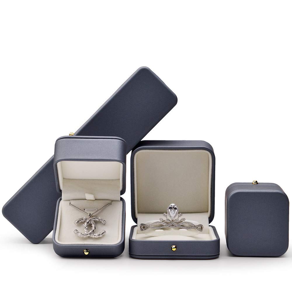 Oirlv Premium Leather Necklace Pendant Box Velvet Interior Jewelry Gift Box Long Chain Necklace Display Storage Case(Steel-blue)